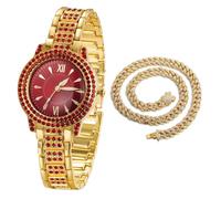 HALUKAKAH Reloj de Oro con Diamantes Rojos para Niños,Adolescentes - Chapado en Oro 18K,Esfera Redondo Rojo de 32mm,Cuarzo Japonés - Longitud 19.5cm - Viene con Cadena Cubana 40cm - para Cumpleaños