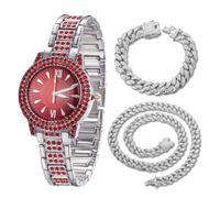 HALUKAKAH Reloj de Oro con Diamantes Rojos para Niños,Adolescentes - Chapado en Platino,Esfera Redondo Rojo de 32mm,Cuarzo Japonés - Longitud 19.5cm - Viene con Cadenas Cubana 18+40cm - para Fiestas