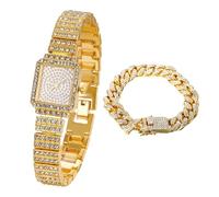 HALUKAKAH Reloj Diamante para Niños Brillante Estrellado:Bañado en Oro Real 18k,Esfera Rectangular,Lleno de Diamantes,Reloj de Cuarzo con Correa de Acero Inoxidable,con Cadena Cubana 18cm