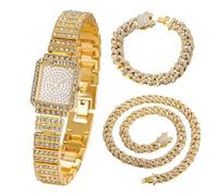 HALUKAKAH Reloj Diamante para Niños Brillante Estrellado:Bañado en Oro Real 18k,Esfera Rectangular,Lleno de Diamantes,Reloj de Cuarzo con Correa de Acero Inoxidable,con Cadenas Cubanas 18+40cm