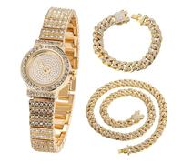 HALUKAKAH Reloj Diamante para Niños Brillante Estrellado:Bañado en Oro Real 18k,Esfera Redonda,Lleno de Diamantes,Reloj de Cuarzo con Correa de Acero Inoxidable,con Cadenas Cubanas 18+40cm