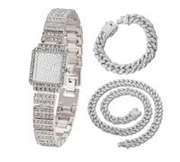 HALUKAKAH Reloj Diamante para Niños Brillante Estrellado:Bañado en Platino,Esfera Rectangular,Lleno de Diamantes,Reloj de Cuarzo con Correa de Acero Inoxidable,con Cadenas Cubanas 18+40cm