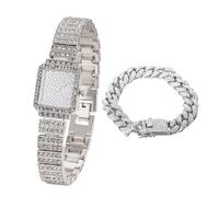 HALUKAKAH Reloj Diamante para Niños Brillante Estrellado:Bañado en Platino,Esfera Rectangular,Lleno de Diamantes,Reloj de Cuarzo con Correa de Acero Inoxidable,con Cadena Cubana 18cm