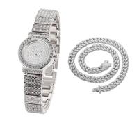 HALUKAKAH Reloj Diamante para Niños Brillante Estrellado:Bañado en Platino,Esfera Redonda,Lleno de Diamantes,Reloj de Cuarzo con Correa de Acero Inoxidable,con Cadena Cubana 40cm