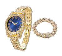 HALUKAKAH Reloj Diamantes Iced out para Niños Adolescentes - Chapado en Oro 18K, Esfera Azul 36mm, 20cm de Largo, con Cadena Cubana 18cm y Herramienta de Ajuste - Caja de Regalo Dorada