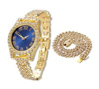 HALUKAKAH Reloj Diamantes Iced out para Niños Adolescentes - Chapado en Oro 18K, Esfera Azul 36mm, 20cm de Largo, con Cadena Cubana 40cm y Herramienta de Ajuste - Caja de Regalo Dorada