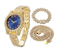 HALUKAKAH Reloj Diamantes Iced out para Niños Adolescentes - Chapado en Oro 18K, Esfera Azul 36mm, 20cm de Largo, con Cadene Cubana 18+40cm y Herramienta de Ajuste - Caja de Regalo Dorada