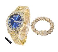 HALUKAKAH Reloj Diamantes Iced out para Niños Adolescentes - Chapado en Oro 18K, Esfera Azul 42mm, 20cm de Largo, con Cadena Cubana 18cm y Herramienta de Ajuste - Caja de Regalo Dorada