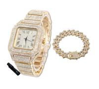 HALUKAKAH Reloj Diamantes Iced out para Niños Adolescentes - Chapado en Oro 18K, Esfera Cuadrada 40mm, 20cm de Largo, con Cadena Cubana 18cm y Herramienta de Ajuste - Caja de Regalo Dorada