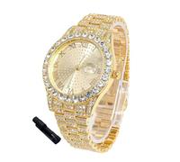 HALUKAKAH Reloj Diamantes Iced out para Niños Adolescentes - Chapado en Oro 18K, Esfera Redonda 42mm, 20cm de Largo, con Herramienta de Ajuste - Caja de Regalo Dorada
