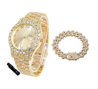 HALUKAKAH Reloj Diamantes Iced out para Niños Adolescentes - Chapado en Oro 18K, Esfera Redonda 42mm, 20cm de Largo, con Cadena Cubana 18cm y Herramienta de Ajuste - Caja de Regalo Dorada