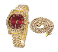 HALUKAKAH Reloj Diamantes Iced out para Niños Adolescentes - Chapado en Oro 18K, Esfera Roja 36mm, 20cm de Largo, con Cadena Cubana 40cm y Herramienta de Ajuste - Caja de Regalo Dorada