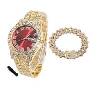 HALUKAKAH Reloj Diamantes Iced out para Niños Adolescentes - Chapado en Oro 18K, Esfera Roja 42mm, 20cm de Largo, con Cadena Cubana 18cm y Herramienta de Ajuste - Caja de Regalo Dorada