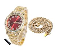 HALUKAKAH Reloj Diamantes Iced out para Niños Adolescentes - Chapado en Oro 18K, Esfera Roja 42mm, 20cm de Largo, con Cadena Cubana 40cm y Herramienta de Ajuste - Caja de Regalo Dorada