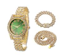 HALUKAKAH Reloj Diamantes Iced out para Niños Adolescentes - Chapado en Oro 18K, Esfera Verde 36mm, 20cm de Largo, con Cadene Cubana 18+40cm y Herramienta de Ajuste - Caja de Regalo Dorada