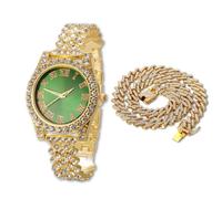 HALUKAKAH Reloj Diamantes Iced out para Niños Adolescentes - Chapado en Oro 18K, Esfera Verde 36mm, 20cm de Largo, con Cadena Cubana 40cm y Herramienta de Ajuste - Caja de Regalo Dorada