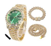 HALUKAKAH Reloj Diamantes Iced out para Niños Adolescentes - Chapado en Oro 18K, Esfera Verde 42mm, 20cm de Largo, con Cadene Cubana 18+40cm y Herramienta de Ajuste - Caja de Regalo Dorada