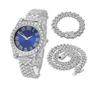 HALUKAKAH Reloj Diamantes Iced out para Niños Adolescentes - Chapado en Platino, Esfera Azul 36mm, 20cm de Largo, con Cadene Cubana 18+40cm y Herramienta de Ajuste - Caja de Regalo Dorada