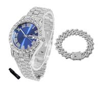 HALUKAKAH Reloj Diamantes Iced out para Niños Adolescentes - Chapado en Platino, Esfera Azul 42mm, 20cm de Largo, con Cadena Cubana 18cm y Herramienta de Ajuste - Caja de Regalo Dorada