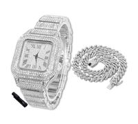 HALUKAKAH Reloj Diamantes Iced out para Niños Adolescentes - Chapado en Platino, Esfera Cuadrada 40mm, 20cm de Largo, con Cadena Cubana 40cm y Herramienta de Ajuste - Caja de Regalo Dorada