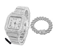 HALUKAKAH Reloj Diamantes Iced out para Niños Adolescentes - Chapado en Platino, Esfera Cuadrada 40mm, 20cm de Largo, con Cadena Cubana 18cm y Herramienta de Ajuste - Caja de Regalo Dorada