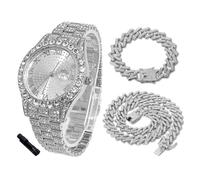 HALUKAKAH Reloj Diamantes Iced out para Niños Adolescentes - Chapado en Platino, Esfera Redonda 42mm, 20cm de Largo, con Cadenas Cubanas 18+40cm y Herramienta de Ajuste - Caja de Regalo Dorada