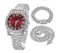 HALUKAKAH Reloj Diamantes Iced out para Niños Adolescentes - Chapado en Platino, Esfera Roja 36mm, 20cm de Largo, con Cadene Cubana 18+40cm y Herramienta de Ajuste - Caja de Regalo Dorada