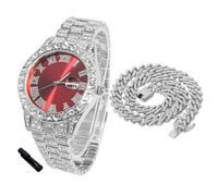 HALUKAKAH Reloj Diamantes Iced out para Niños Adolescentes - Chapado en Platino, Esfera Roja 42mm, 20cm de Largo, con Cadena Cubana 40cm y Herramienta de Ajuste - Caja de Regalo Dorada