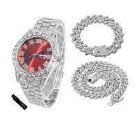 HALUKAKAH Reloj Diamantes Iced out para Niños Adolescentes - Chapado en Platino, Esfera Roja 42mm, 20cm de Largo, con Cadene Cubana 18+40cm y Herramienta de Ajuste - Caja de Regalo Dorada