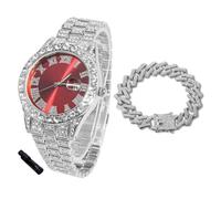 HALUKAKAH Reloj Diamantes Iced out para Niños Adolescentes - Chapado en Platino, Esfera Roja 42mm, 20cm de Largo, con Cadena Cubana 18cm y Herramienta de Ajuste - Caja de Regalo Dorada