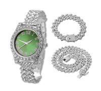 HALUKAKAH Reloj Diamantes Iced out para Niños Adolescentes - Chapado en Platino, Esfera Verde 36mm, 20cm de Largo, con Cadene Cubana 18+40cm y Herramienta de Ajuste - Caja de Regalo Dorada