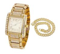 HALUKAKAH Reloj para Hombre - Diamante Moissanita Iced out - Chapado en Oro 18K,Esfera Cuadrado 36MM con Números Romanos y Calendario - Longitud 21,5cm,con Cadena Cubana 50cm - Incluye Caja de Regalo