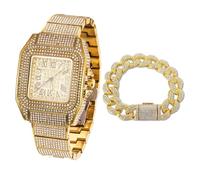 HALUKAKAH Reloj para Hombre - Diamante Moissanita Iced out - Chapado en Oro 18K,Esfera Cuadrado 40MM con Números Romanos y Calendario - Longitud 21,5cm,con Cadena Cubana 20cm - Incluye Caja de Regalo