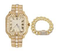 HALUKAKAH Reloj para Hombre - Diamante Moissanita Iced out - Lujo Chapado en Oro Auténtico 18K,Esfera Cuadrado 41MM con Calendario - Longitud 21,5cm,con Cadena Cubana 20cm - Incluye Caja de Regalo