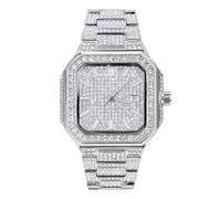 HALUKAKAH Reloj para Hombre - Diamante Moissanita Iced out - Lujo Chapado en Oro Blanco Platino,Cuarzo Japonés,Esfera Rectangular 51MM con Calendario,Correa 20cm - Incluye Caja de Regalo