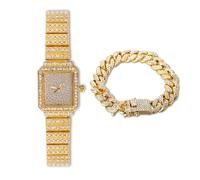 HALUKAKAH Reloj Pulsera de Diamantes para Mujeres,Bañado en Oro Real 18k,Diamantes Brillantes,Diseño de Esfera Rectangular,Reloj de Cuarzo con Correa de Acero Inoxidable,con Cadena Cubana 18cm