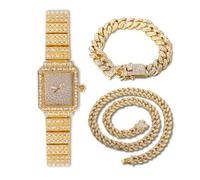 HALUKAKAH Reloj Pulsera de Diamantes para Mujeres,Bañado en Oro Real 18k,Diamantes Brillantes,Diseño de Esfera Rectangular,Reloj de Cuarzo con Correa de Acero Inoxidable,con Cadenas Cubanas 18+40cm