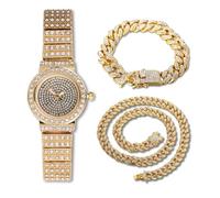HALUKAKAH Reloj Pulsera de Diamantes para Mujeres,Bañado en Oro Real 18k,Diamantes Brillantes,Diseño de Esfera Redonda,Reloj de Cuarzo con Correa de Acero Inoxidable,con Cadenas Cubanas 18+40cm