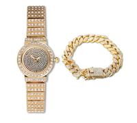 HALUKAKAH Reloj Pulsera de Diamantes para Mujeres,Bañado en Oro Real 18k,Diamantes Brillantes,Diseño de Esfera Redonda,Reloj de Cuarzo con Correa de Acero Inoxidable,con Cadena Cubana 18cm