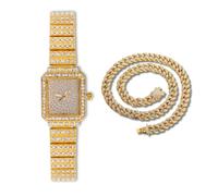 HALUKAKAH Reloj Pulsera de Diamantes para Mujeres,Bañado en Oro Real 18k,Diamantes Brillantes,Diseño de Esfera Rectangular,Reloj de Cuarzo con Correa de Acero Inoxidable,con Cadena Cubana 40cm