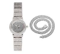 HALUKAKAH Reloj Pulsera de Diamantes para Mujeres,Bañado en Platino,Diamantes Brillantes,Diseño de Esfera Redonda,Reloj de Cuarzo con Correa de Acero Inoxidable,con Cadena Cubana 40cm