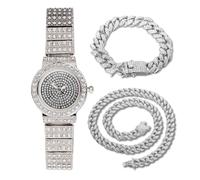 HALUKAKAH Reloj Pulsera de Diamantes para Mujeres,Bañado en Platino,Diamantes Brillantes,Diseño de Esfera Redonda,Reloj de Cuarzo con Correa de Acero Inoxidable,con Cadenas Cubanas 18+40cm