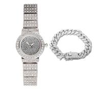 HALUKAKAH Reloj Pulsera de Diamantes para Mujeres,Bañado en Platino,Diamantes Brillantes,Diseño de Esfera Redonda,Reloj de Cuarzo con Correa de Acero Inoxidable,con Cadena Cubana 18cm