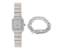 HALUKAKAH Reloj Pulsera de Diamantes para Mujeres,Bañado en Platino,Diamantes Brillantes,Diseño de Esfera Rectangular,Reloj de Cuarzo con Correa de Acero Inoxidable,con Cadena Cubana 18cm