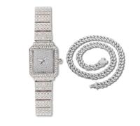 HALUKAKAH Reloj Pulsera de Diamantes para Mujeres,Bañado en Platino,Diamantes Brillantes,Diseño de Esfera Rectangular,Reloj de Cuarzo con Correa de Acero Inoxidable,con Cadena Cubana 40cm