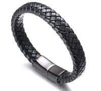 HALUKAKAH ● Solo ● Hombres Pulsera de Cuero Auténtico Estilo Negro Clásico Titanio Acero Inoxidable Magnético Negro 21.5cm con Caja de Regalo