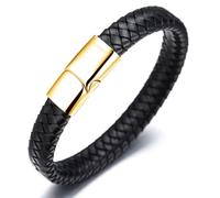 HALUKAKAH ● Solo ● Hombres Pulsera de Cuero Auténtico Estilo Negro Clásico Titanio Acero Inoxidable Magnético Oro 21.5cm con Caja de Regalo