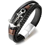 HALUKAKAH ● Vela ● Pulsera Hombre Cuero Genuina Hecho a Mano Trenza Ancla Pulsera Cierre Magnético Plata Mate de Titanio Acero Inoxidable 8.5"/21.5cm con CajaDeRegaloGRATIS