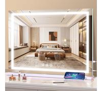 halumao Espejo de tocador con luces, 80 x 60 cm, espejo de maquillaje grande con luces LED, Smart Touch regulable luz de 3 colores, función de memoria, puerto de carga USB
