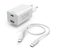 Hama 32W - Cargador rápido Compatible con iPhone, Samsung, MacBook [PD + QC 3.0] [2 Puertos] [Cable Incluido] Blanco